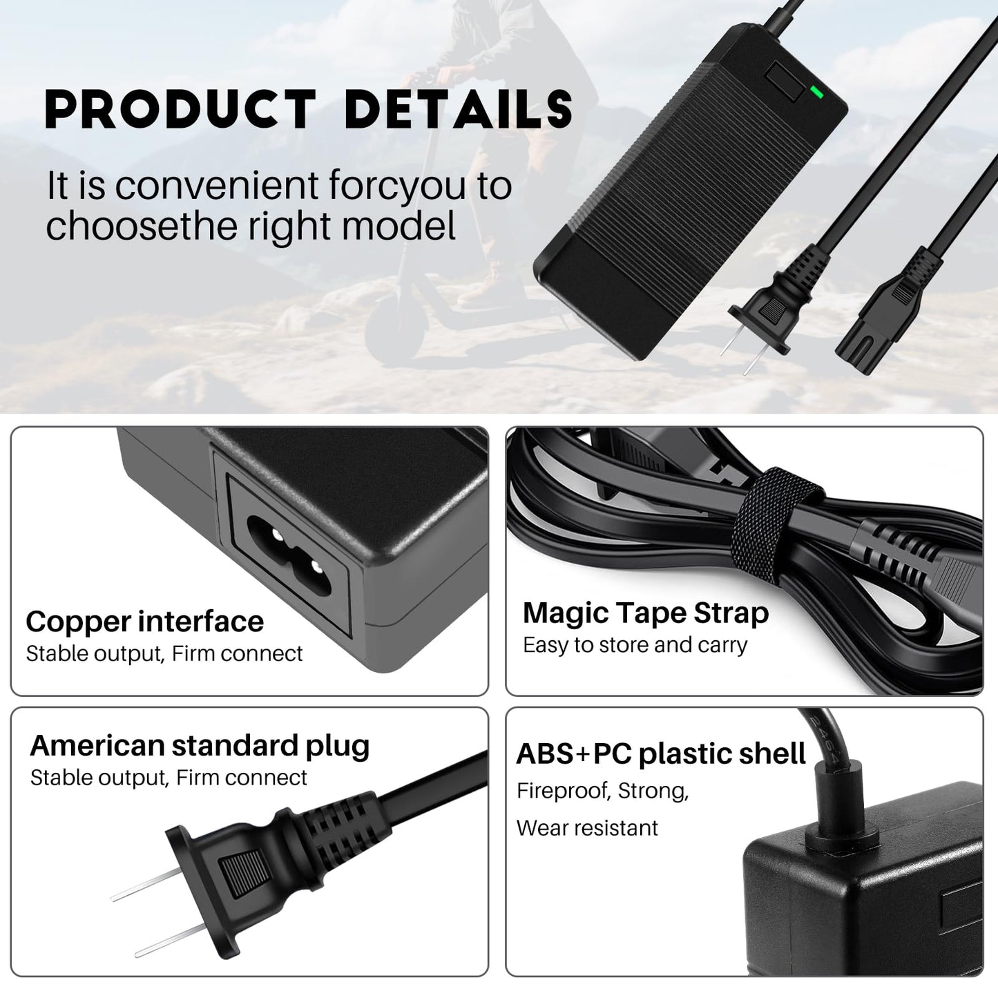 42V 2A Universal Charger,5 in1 Plugs with DC 5.5 * 2.1mm, 8mm/12mm 3 Prong, RCA & 3-Pin XLR Plugs for 36V Li-ion Battery & GOTRAX GXL V2/Nano S3 ION/G2-G4/XR Series Power Adapter