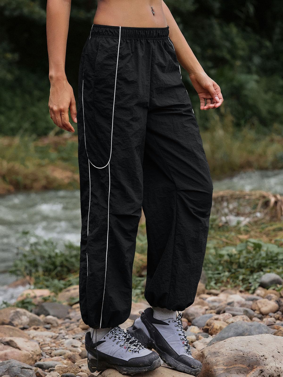 Yousify Womens Baggy Parachute Pants Wide Leg Elastic Waisted Contrast Track Pants Y2K Hiking Jogger Sweatpants with Pockets Black