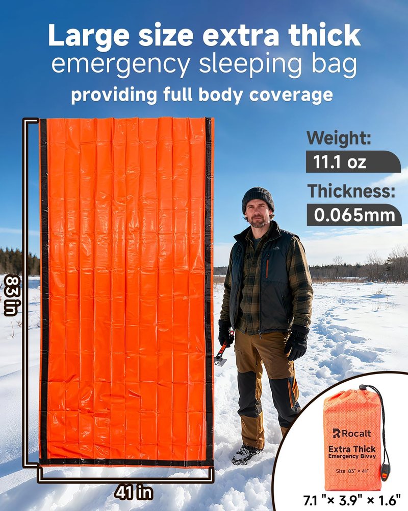 Rocalt Emergency Sleeping Bag, Ultralight Mylar Emergency Blanket, Waterproof & Portable Thermal Bivy Sack for Camping, Hiking, and Outdoor Adventures