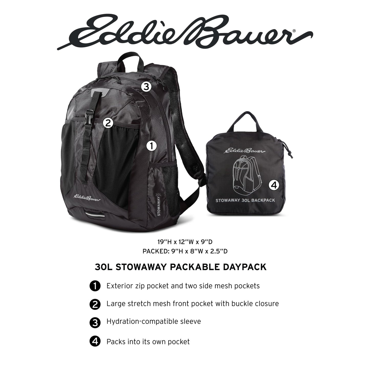 Eddie Bauer Stowaway Packable Backpack-Made from Ripstop Polyester, Maroon, 30L