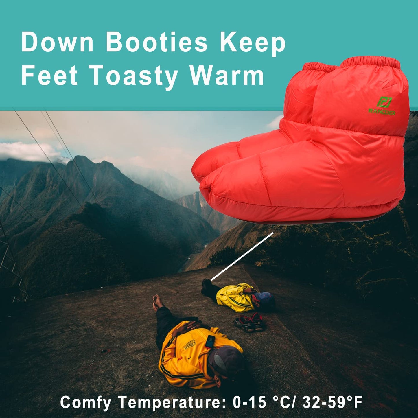 RANDDER Down Booties Warm Socks, Ultralight Winter Thermal Foot Warmer Camping Sleeping Bag Tent Slippers for Men Women(Red/Small)