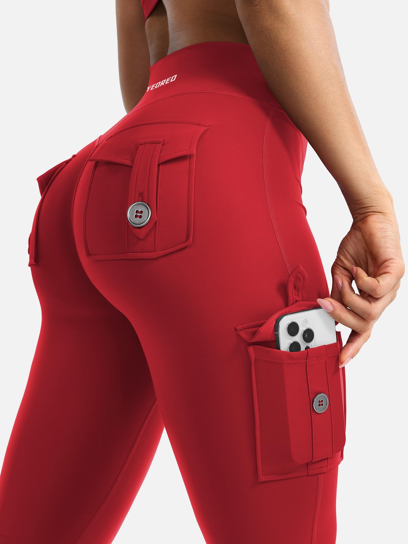 YEOREO CoreFlex Women Workout Flare Leggings with Pockets Hidden Scrunch Cargo Gym Yoga No Front Seam Leggings Red S
