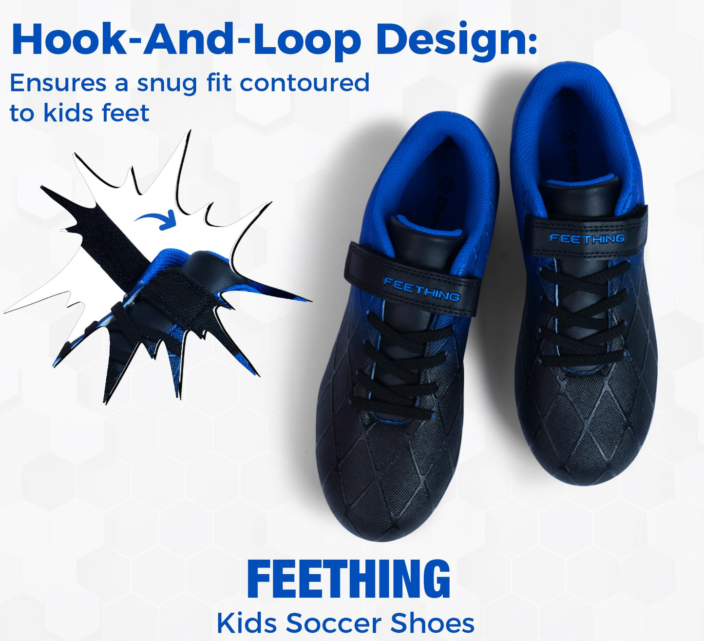 FEETHING Youth Soccer Cleats for Boys and Girls Firm Ground Football Shoes with Easy-On Hook & Loop Closure Lightweight & Breathable for Outdoor Field Play (Little Kid & Big Kid Sizes)