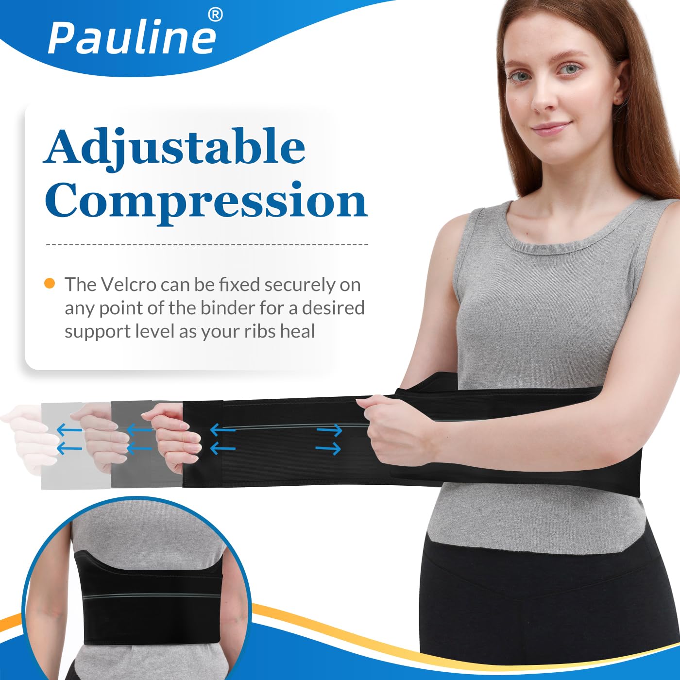 Pauline Broken Rib Brace for Women - Compression Chest Binder for Cracked Ribs Support & Chest Pain Relief - Rib Belt for Bruised Rib Cage (Black, Fits 30”-45”)