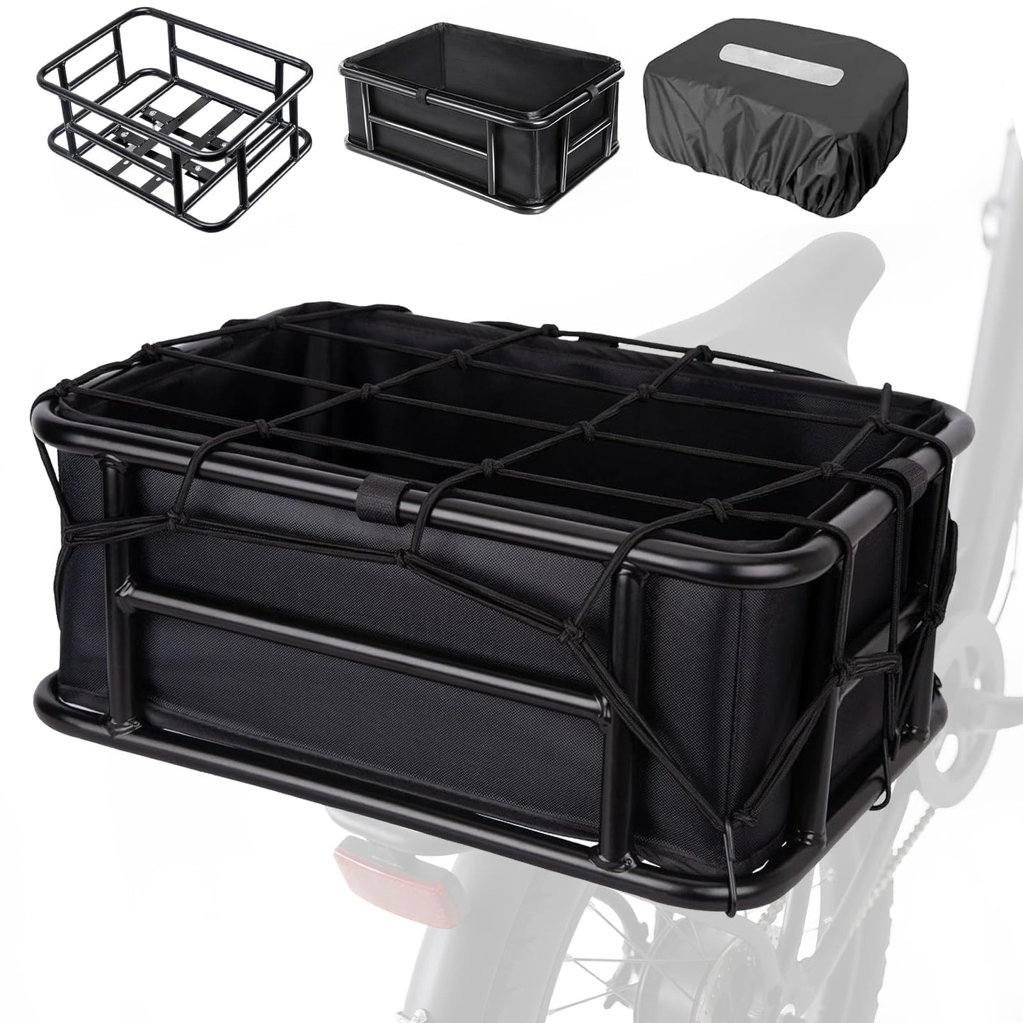 Lambolt Rear Rack Bike Basket for E-Bikes & Bikes - Heavy-Duty Bicycle Basket with Waterproof Liner, Cargo Net & Rain Cover - Great for Groceries, Dogs, Pets & Daily Commutes