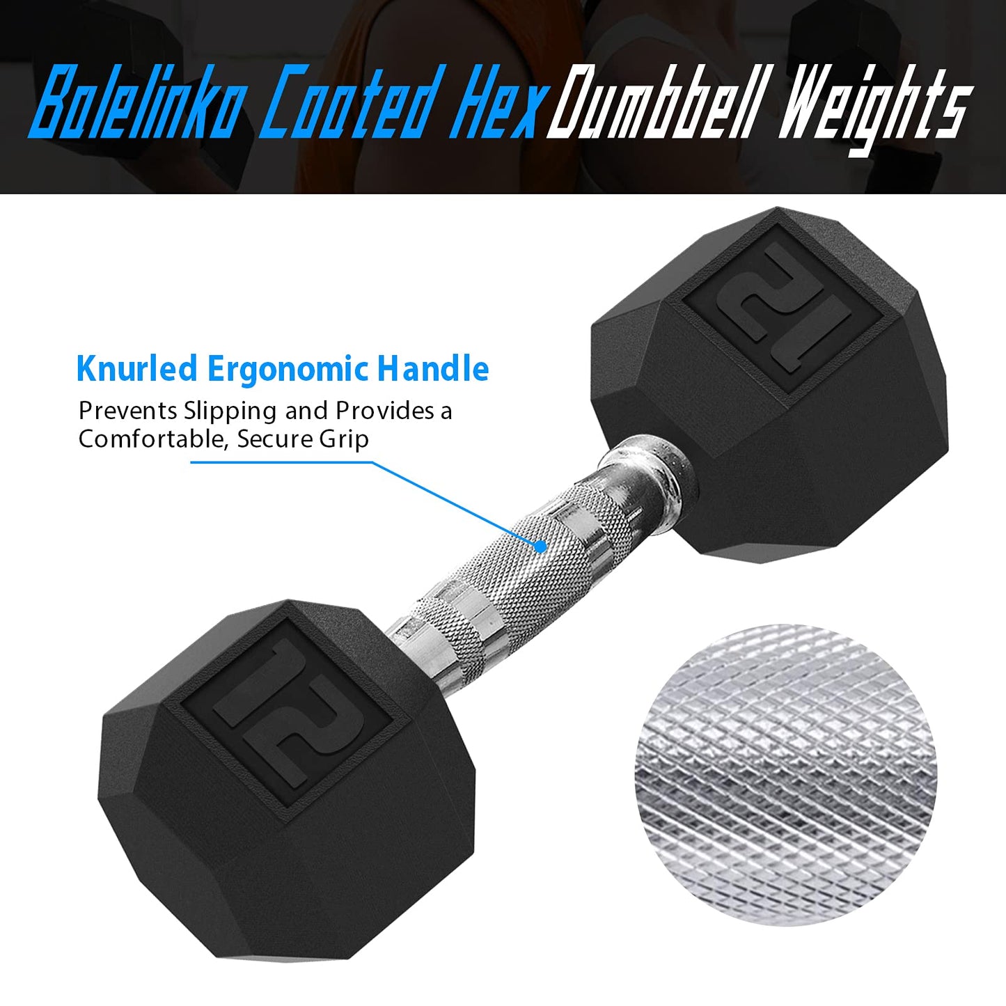 Balelinko Hex Dumbbells Free Weights Set with Metal Handles Rubber Encased Solid Cast Iron Hex Dumbbell in Pair, 12 LBS
