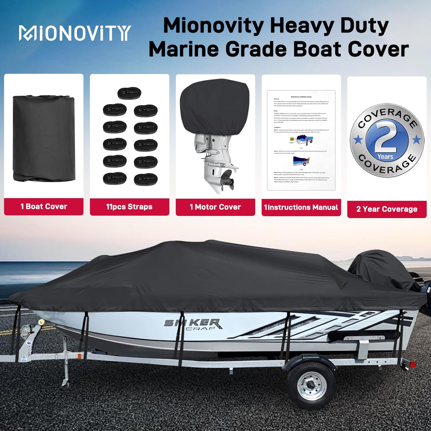 Mionovity Bass Boat Cover 16-18.5 ft, 800D Canvas Heavy Duty Waterproof Boat Cover 16 17 18 Foot（16' 17' 18.5' with Motor Cover, Fits V-Hull,Fishing,Runabout Bowrider Boat