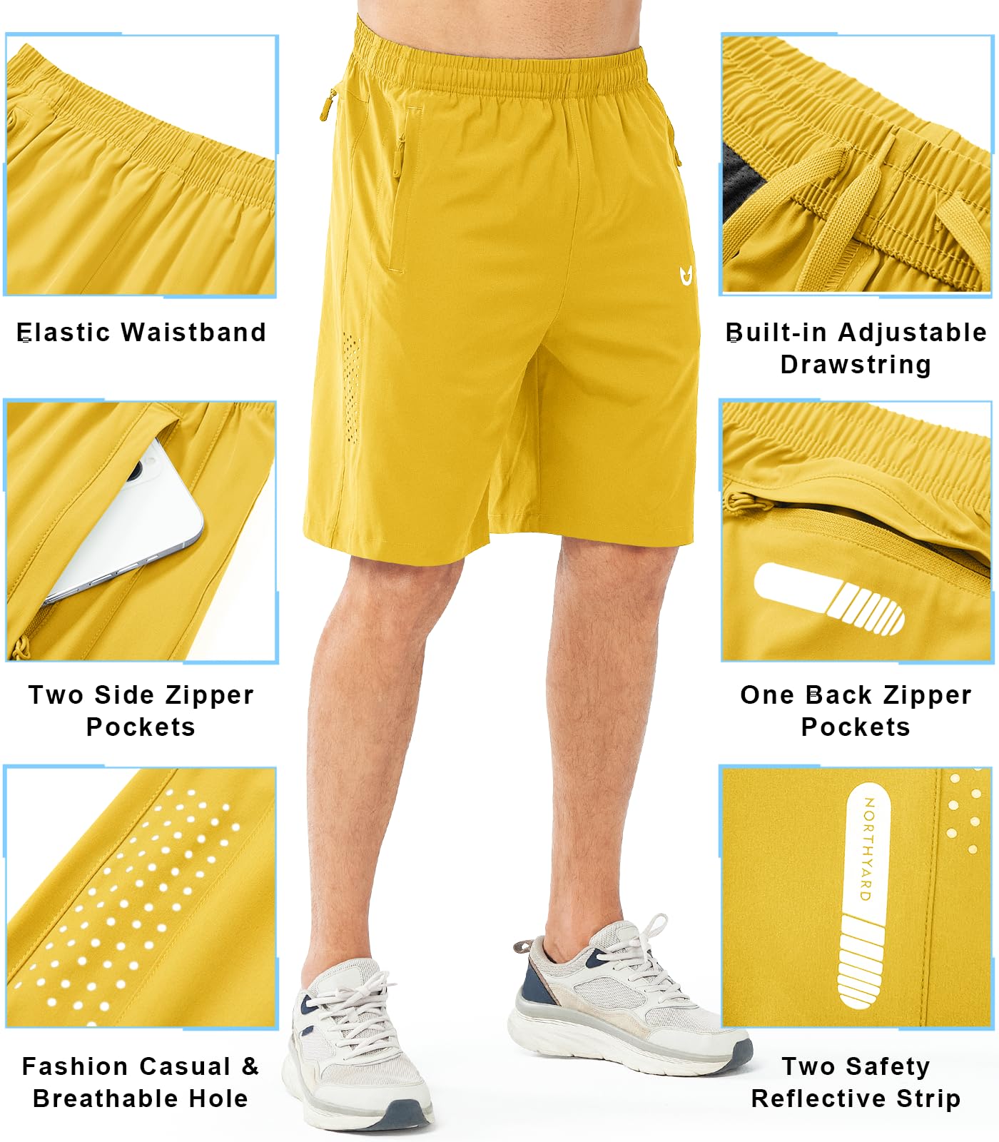 NORTHYARD Men's Athletic Running Shorts Gym Workout 7"/9"/5" Quick Dry Lightweight Sports Basketball Tennis 3 Zipper Pockets YELLOW-9inch 3XL