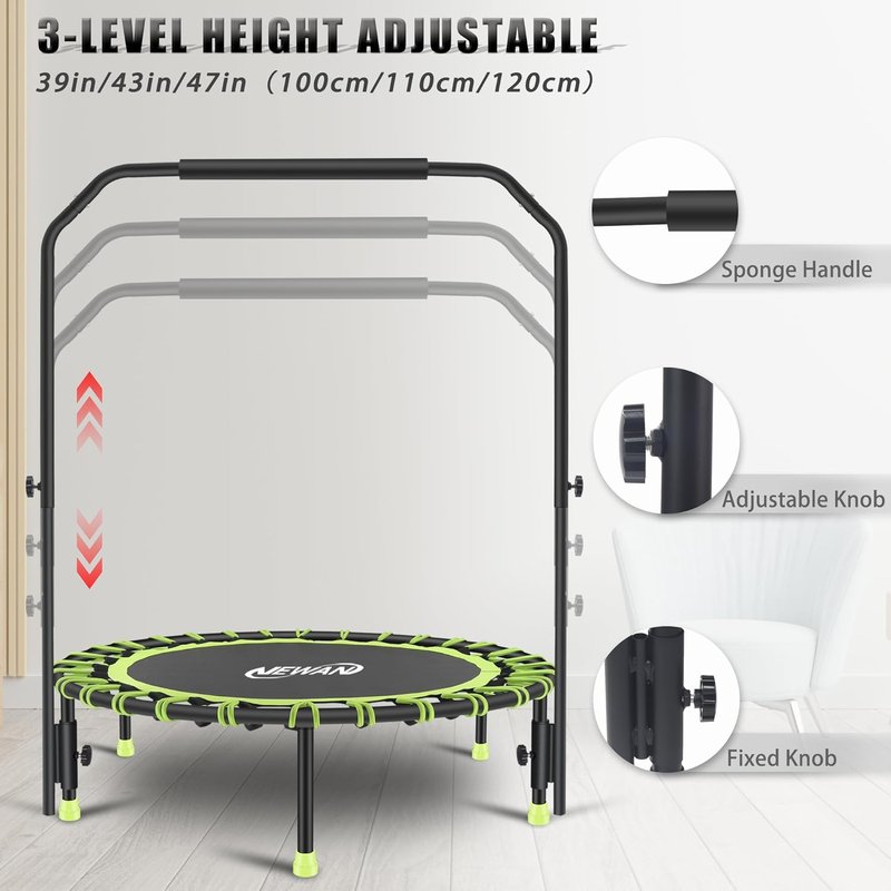 Silent Mini Trampoline - 40" Adjustable Handle Bar Bungee Rebounder for Cardio Workouts | Max Weight 330 lbs