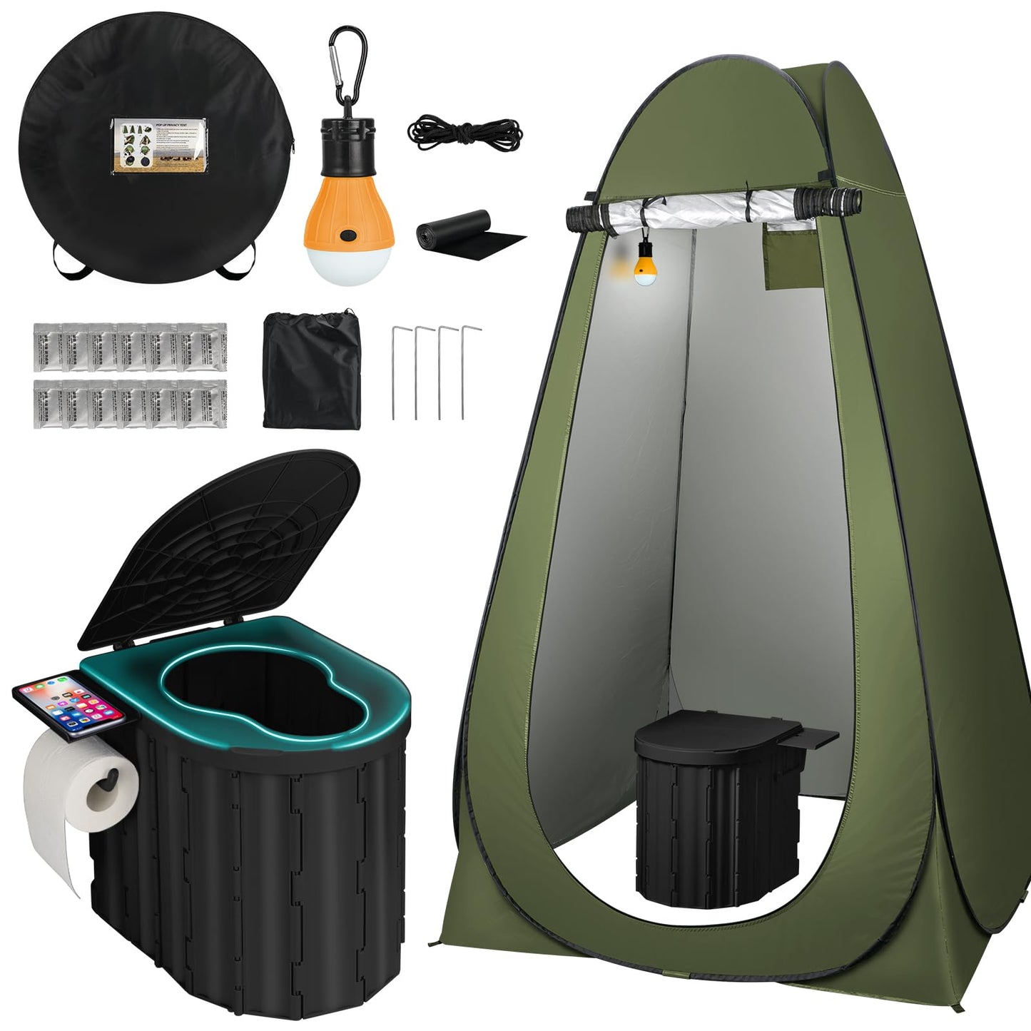 Thallike Portable Camping Toilet with Pop-Up Privacy Tent, 12-inch Toilet Seat, Outdoor Portable Folding Toilet Potty for Adults Load Capacity of 400 Lbs, LED-Light Camping Bathroom (Army Green)