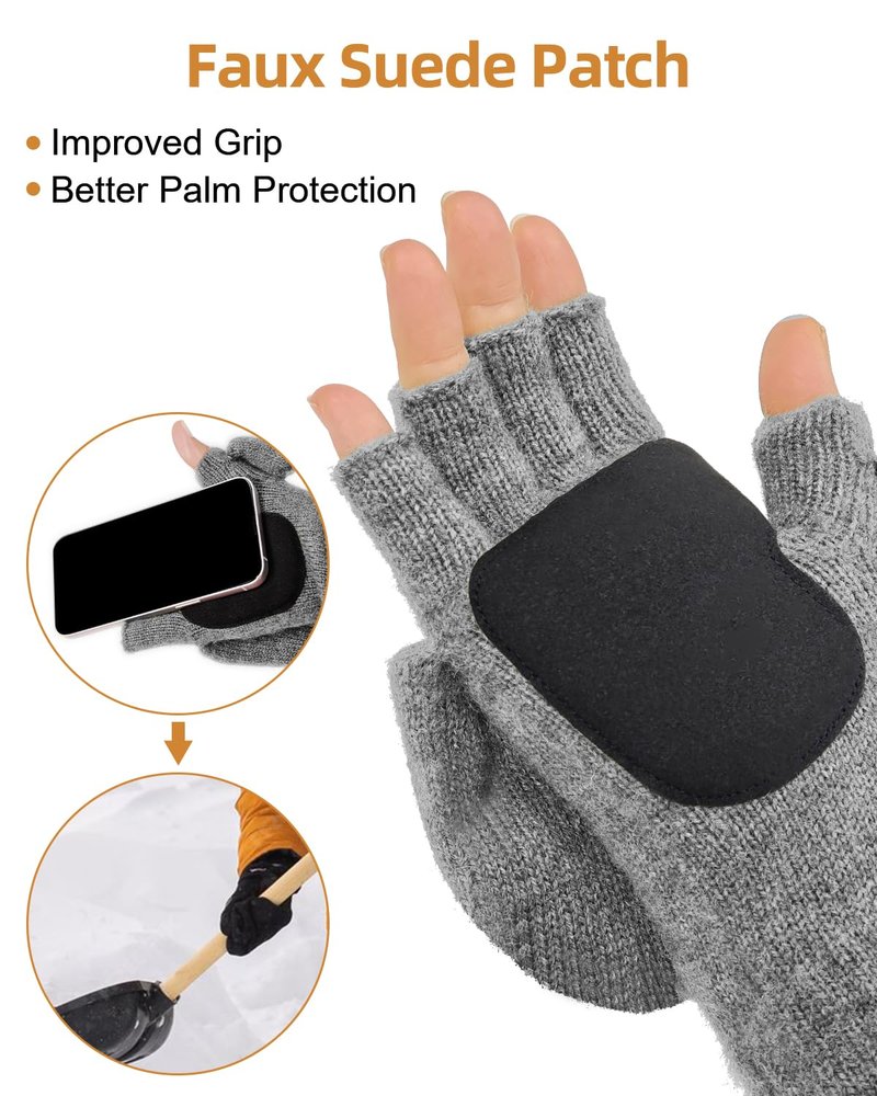 BERGWEISER Flip Winter Gloves, Convertible Fingerless Gloves for Men Women, Mittens with Flip Thumbtop & Magnetic Button Closure Gifts Grey M/L