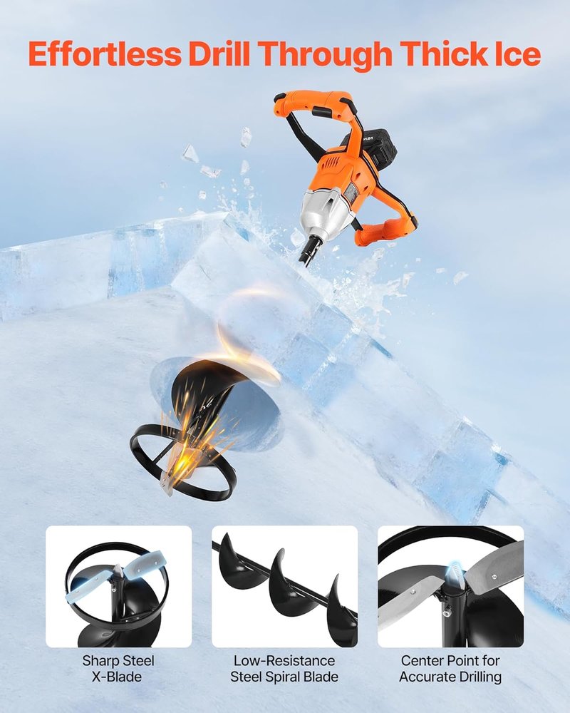VEVOR Electric Ice Auger - 8 Inch Diameter, 20V/40V Battery Powered, Turbo Cutting System | 2-in-1 Ice Fishing & Earth Auger