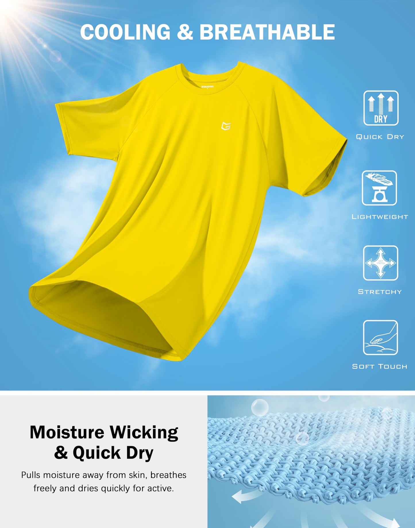 G Gradual Men's Athletic Workout T-Shirts Moisture Wicking Cooling Running Shirts Short Sleeve Performance Tee for Gym Tennis(Yellow,XL)
