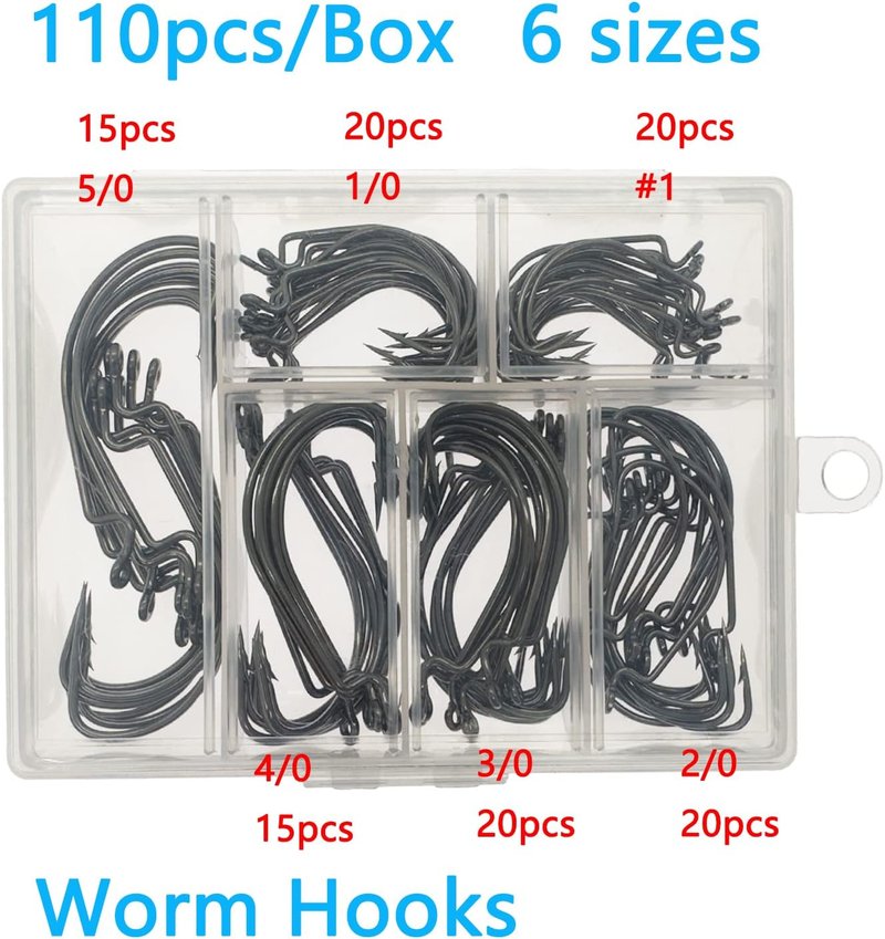 Worm Fishing Hooks for Bass | 110-Piece Set in 6 Sizes | High Carbon Steel with Portable Box