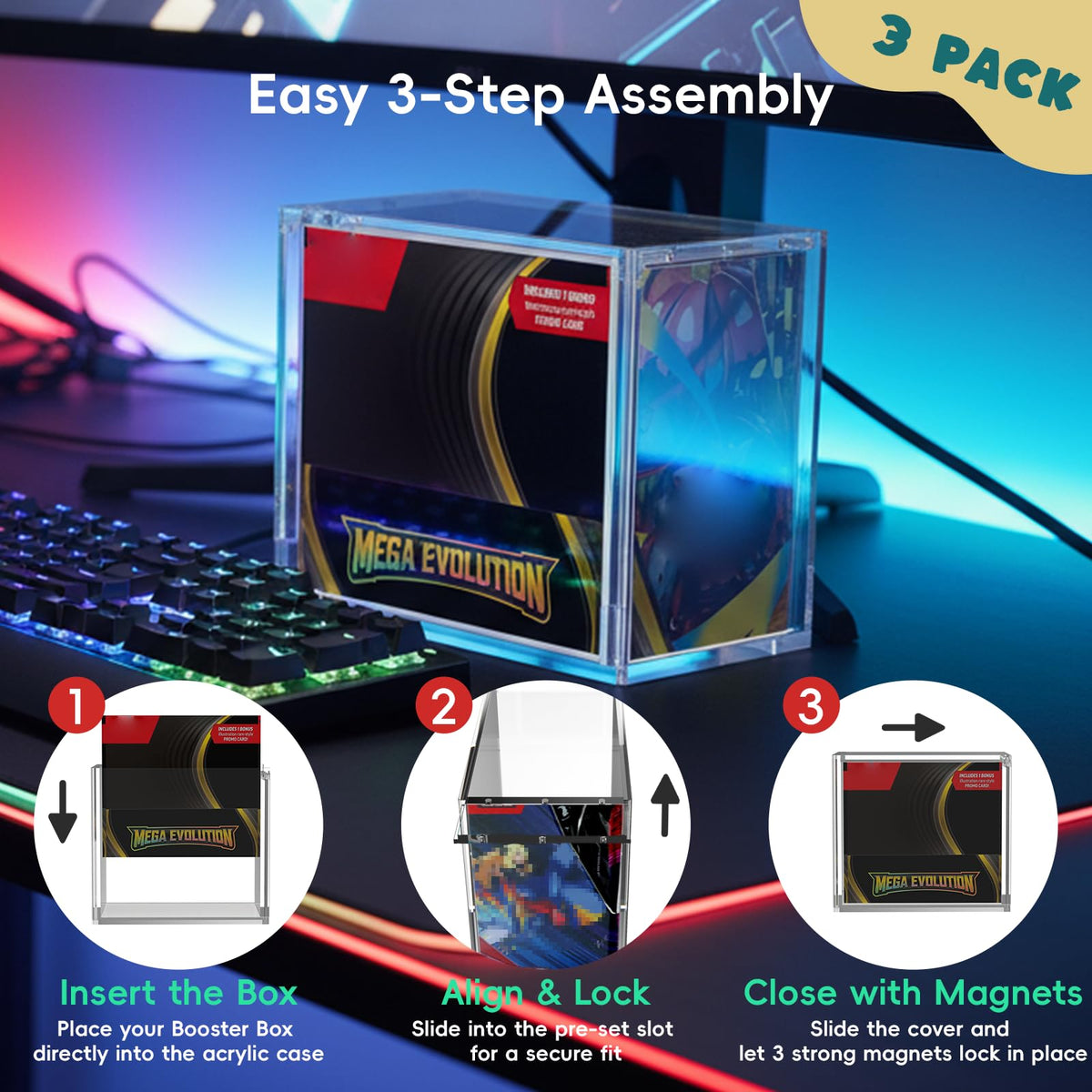 PKMN Booster Box Acrylic Case Protector(3 Pack)–Ultra Thick 6/8mm Clear Acrylic Display Box with Sliding Slot & 5mm Magnetic Lid,Rounded Edges,Collector Case Compatible with Trading Card Booster Boxes