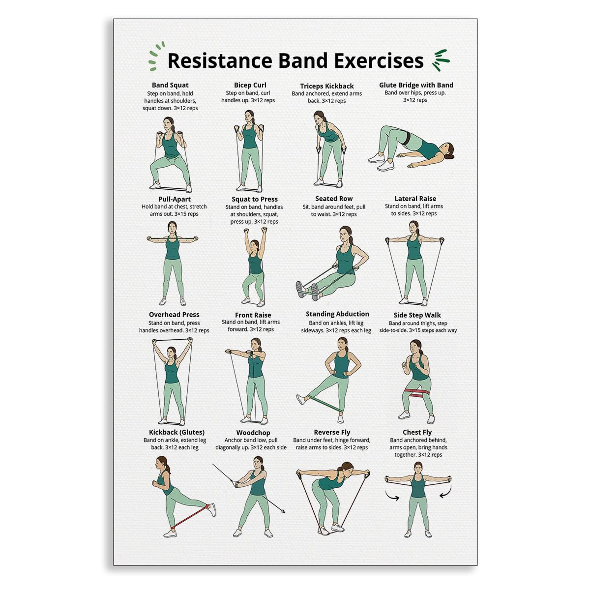 Resistance Band Workout Poster, Full Body Resistance Band Exercises Charts for Women, Home Workout Canvas Wall Art, Core Strength Training and Fitness Guide Gym Wall Decor 12x16in Unframed