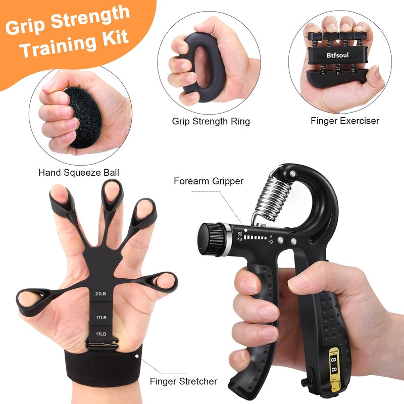 Grip Strength Trainer Kit with Hand Gripper Strengthener, Finger Exerciser, Forearm Workout Ring, Double-Sided Finger Stretcher(Gripster) and Stress Relief Ball (black grey)
