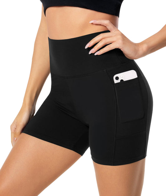 FULLSOFT High Waisted Biker Shorts for Women with Pockets-5" Tummy Control Fitness Athletic Workout Running Yoga Gym Shorts(Black(with Pockets),Small-Medium)