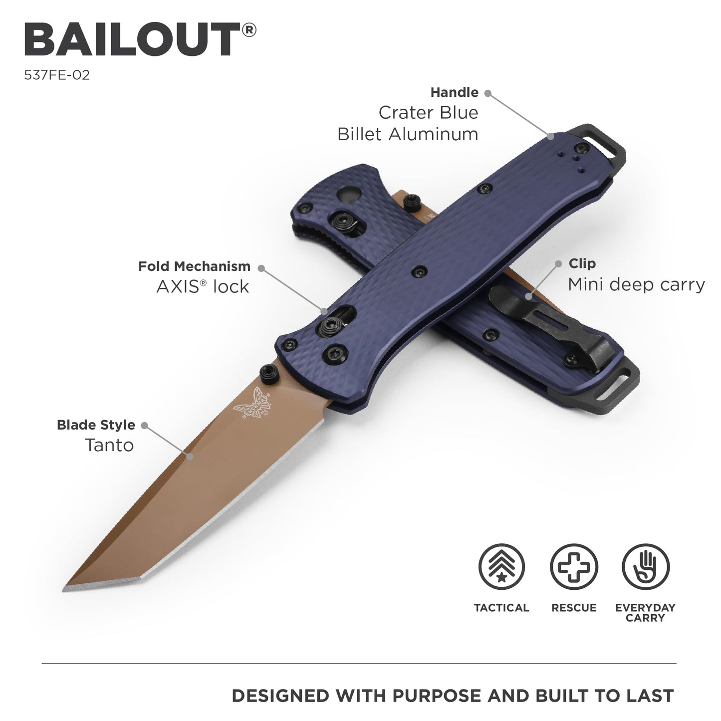 Benchmade - Bailout 537 Tactical Knife with Crater Blue Aluminum Handle (537FE-02)