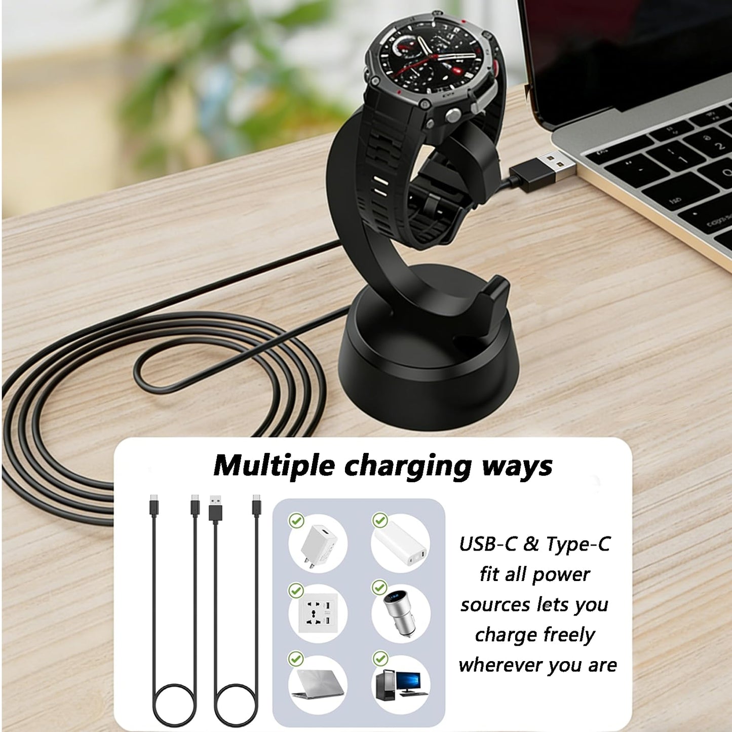 Magnetic Charging Stand for Amazfit Cheetah 2 Ultra/Pro, Active 3 Premium, T-Rex 3/3 Pro/Ultra 2, Active Max, Balance 1/2, Helio Strap with 2 Cables (USB-A & USB-C)