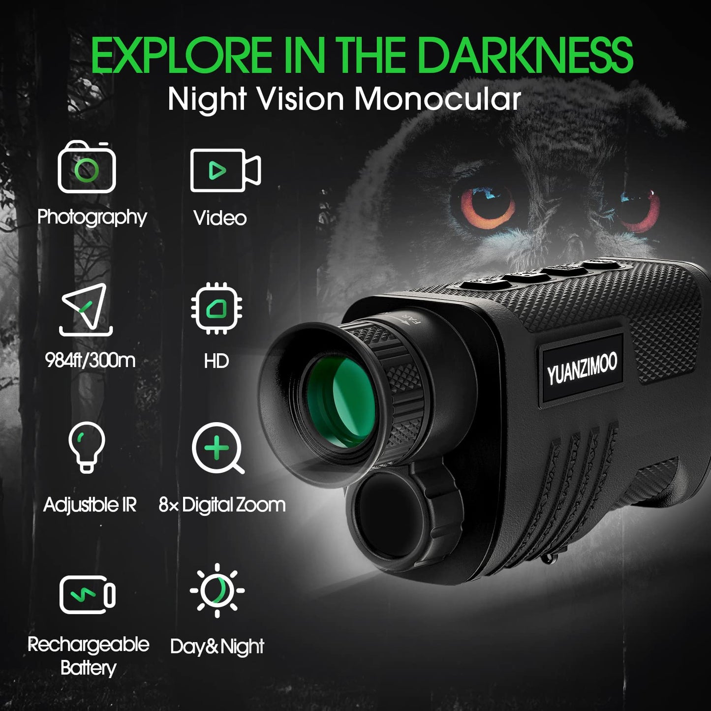 Night Vision Monocular Digital Infrared Monocular Telescope for 100% Darkness with 8X Zoom 2000mAh Rechargeable Battery Upgrade Tripod 32 GB SD Card & Card Reader, for Adult Hunting Camping Green