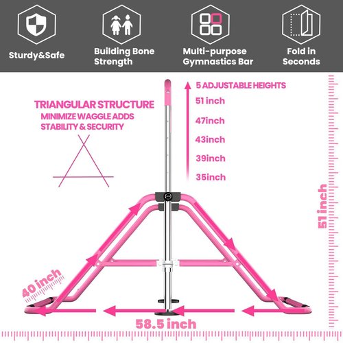 WATBKHE Gymnastics Bar for Kids Age 3-7 Years Old, Gymnastic Equipment for Kids Home, Adjustable & Folding Gymnastic Training Bar for Hanging, Pull Up, Tumbling Workout for Girls Boys (Pink)