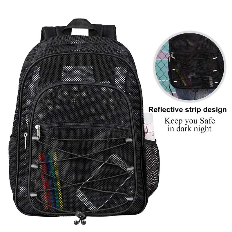 COVAX Heavy Duty Mesh Backpack, See Through College Backpack, Semi-transparent Mesh Bookbag with Bungee and Comfort Padded Straps for Commuting, Swimming, Beach, Outdoor Sports