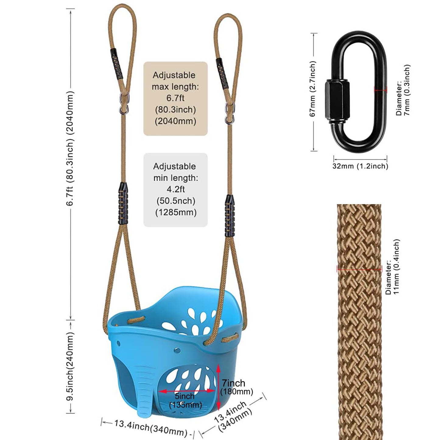 BeneLabel 600 LB Weight Capacity Full Bucket Toddler Swing Seat with Adjustable Height Rope from 4.2 to 6.7 FT High Back Bucket Seat Swing for Toddler - Cute Elephant Shape Design