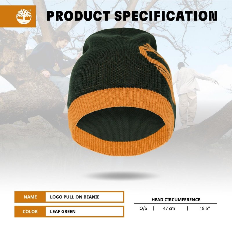 Timberland Men’s Logo Pull-On Beanie - Soft Ribbed Knit Winter Hat, Jacquard Tree Design, Warm Stretch Fit for Cold Weather, Leaf Green, One Size
