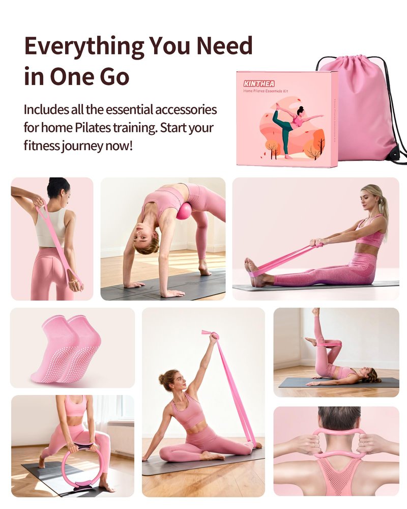 Home Pilates Kit for Women, Essentials Pilates Equipment Set with 14‘’ Pilates Ring and Mini Ball, 5 Resistance Bands & Accessories, Tutorial Charts, Pilates Ring Set for Beginners Workout at Home