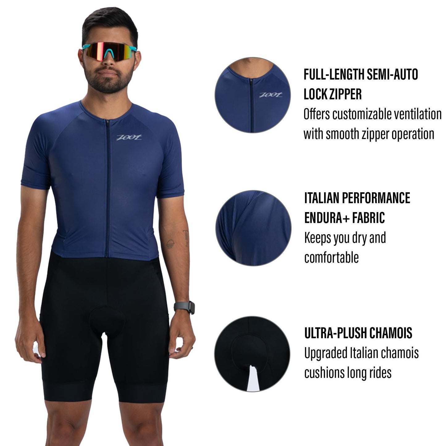 Zoot Men’s Core Tri Aero FZ Racesuit, Short Sleeve Moisture-Wicking Triathlon Suit, Plush Chamois & Storage for Race Day - Navy - 2X-Large