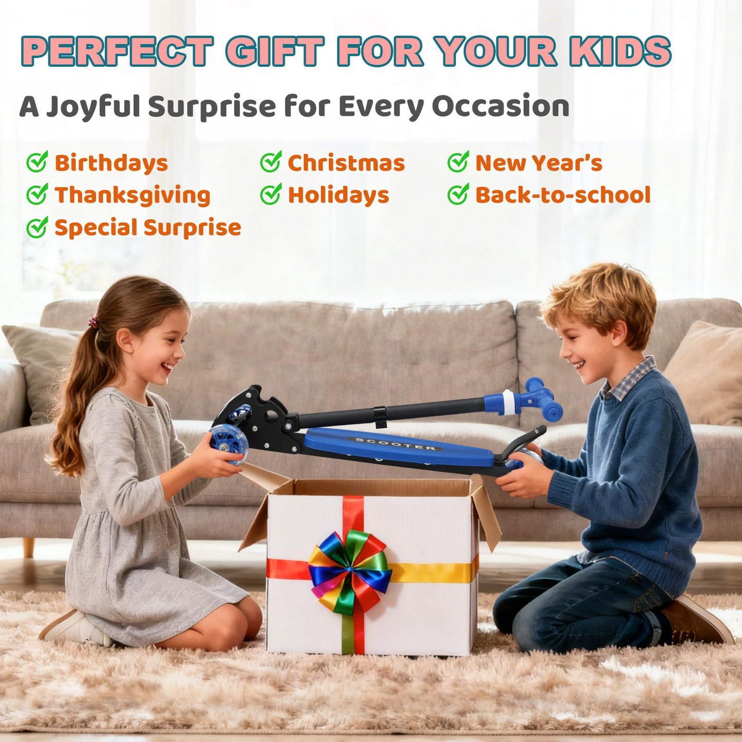 Kids Scooter for Ages 3-7, Foldable 3 Wheel Kick Scooter with Light Up Wheels, Easy Lean-to-Steer, Adjustable Handlebar, Stable Dual Rear Wheels, Wide Non-Slip Deck &Rear Brake for Boys Girls