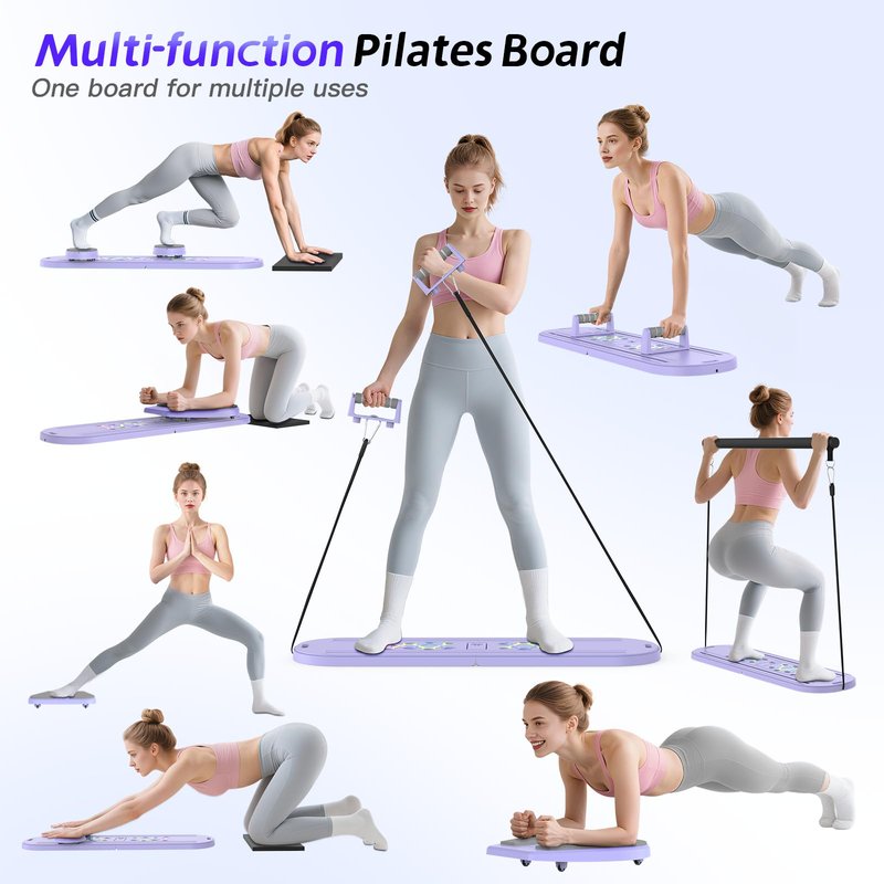 Lazolloa 7 in 1 Pilates Board, Portable Home Gym Equipment, Foldable Pilates Reformer Set with Timer, Mini Pilates Machine for Home Workout, Fitness, Exercise, Ab, Core, Purple