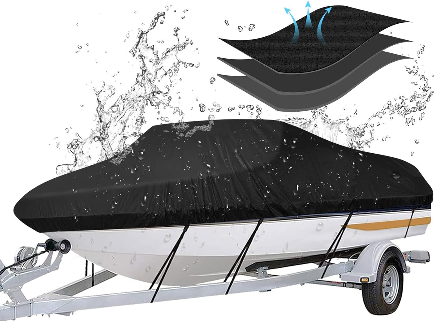 Trailerable Boat Cover - Heavy Duty Waterproof Tarp for V-Hull & Fishing Boats | Fits 14'-16' Length, 68" Width