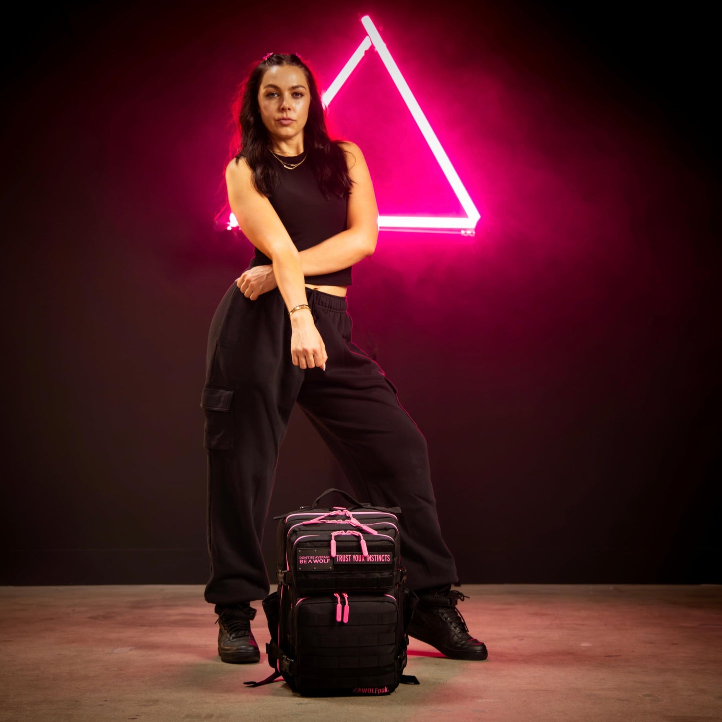 WOLFpak 25L Athletic Gym Backpack (Black Neon Pink) Durable 1000D Waterproof Oxford Material with MOLLE Webbing, Laptop Pocket & Dual Cup Holders