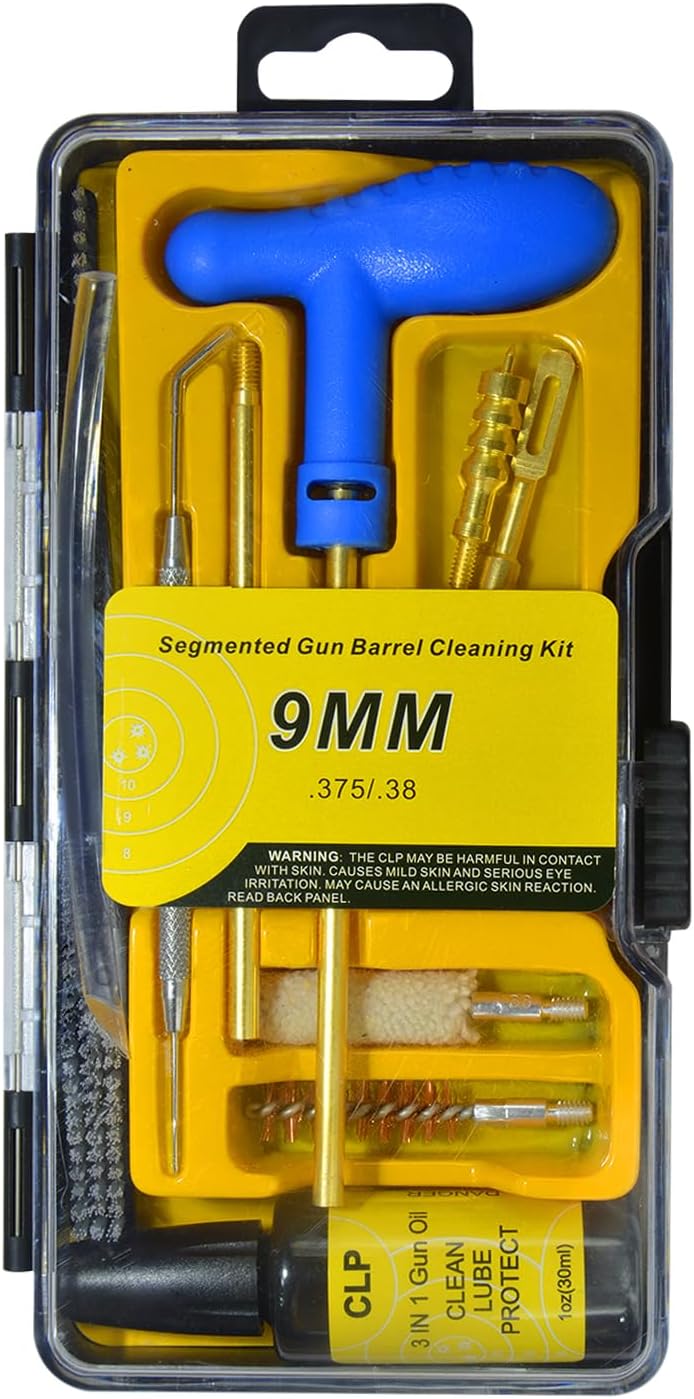 Gun Cleaning Kit for 9mm, .38, .357 Caliber Pistols - Complete Bore Cleaning Set with Brass Brush, Cotton Mop & CLP Oil