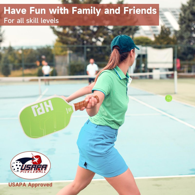 HUDEF Pickleball Paddles, USAPA Approved Pickle Ball Paddles Set of 2, Graphite and Fiberglass Pickleball Paddles, Polypropylene Honeycomb Core Paddle Rackets, 4 Outdoor Balls and Carry Bag Green