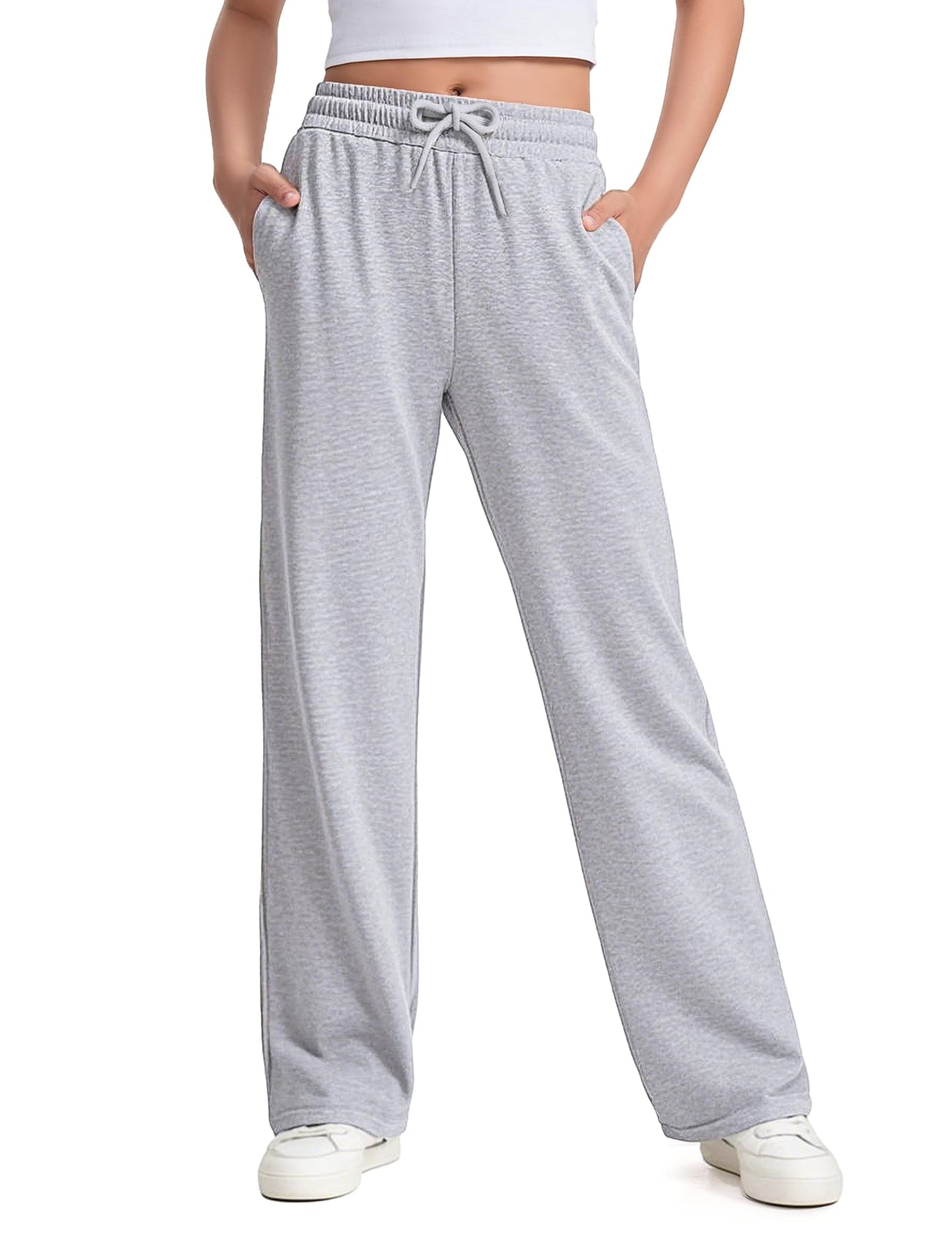 NUMYEAN Girls Sweatpants Straight Leg French Terry Joggers Baggy Sweatpants for Teen Girls Size 11-12Y Light Gray