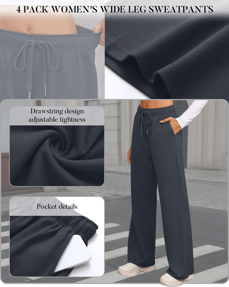 Velvelhall 4 Pack Women's Wide Leg Sweatpants Drawstring Lounge Joggers for Women Straight Pants Elastic Waist with Pockets(Gray, Light Gray, Dark Gray, Black,Medium)