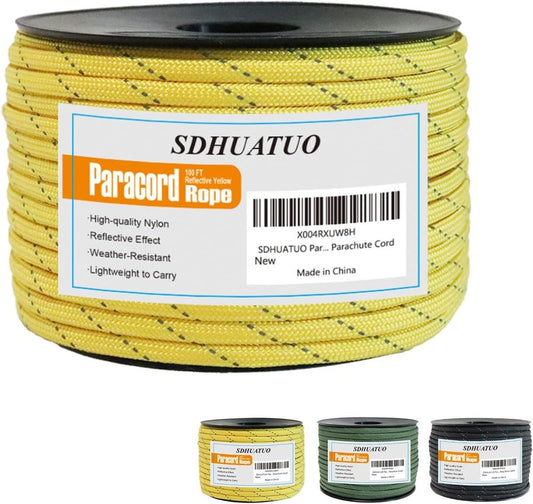 Paracord Rope 100FT - 550lb Type III Nylon Survival Cord with Reflective Strips | Yellow Utility String for Camping, Hiking & DIY