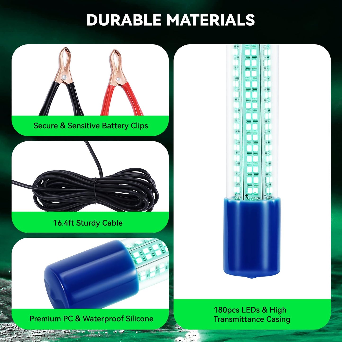 18W Green Underwater Fishing Light, IP68 Waterproof LED Fish Bait Light 1200LM Submersible Attractants Lamp on Boats/Docks for Night Snook Crappie with Battery Clips, DC 12-24V, 16.4ft Cable