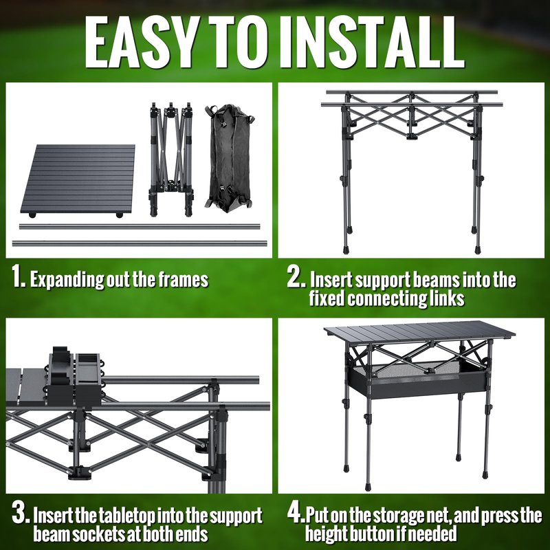 GARLLEN Folding Camping Table, 2-Height Adjustable Portable Roll-up Camping Table with Storage Net, Lightweight Aluminum Picnic Table with Carrying Bag for Cooking, BBQ, Outdoor, 32.2" L x 15.7" W