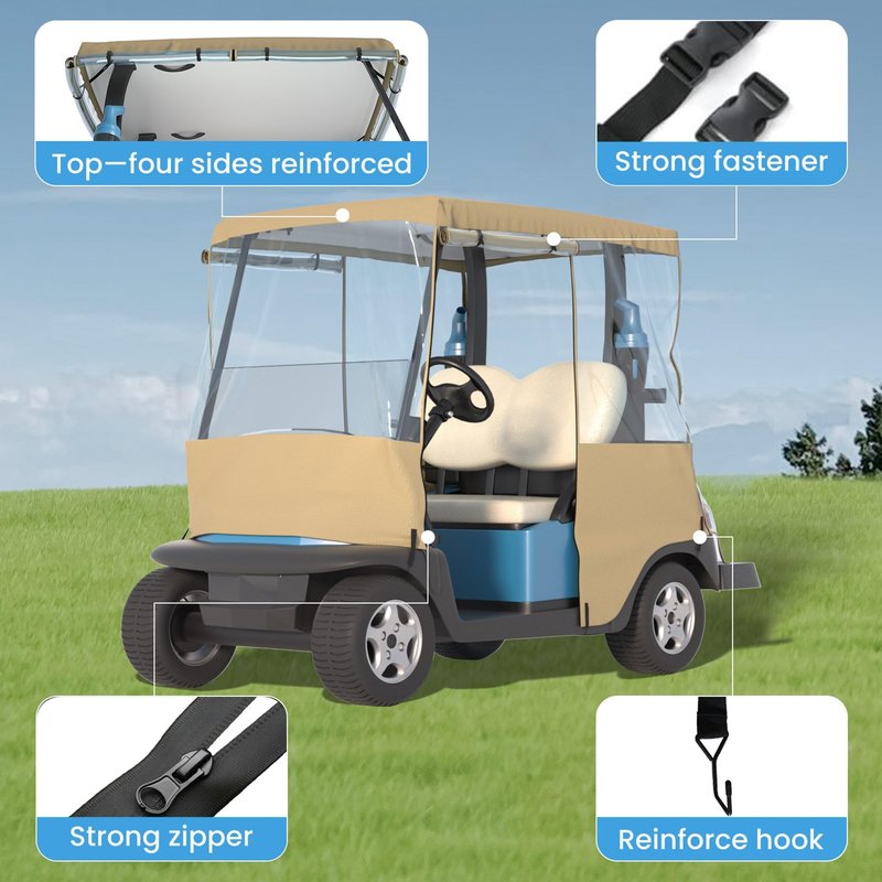 BENVOL Golf Cart Cover 2 Seater Drivable Enclosure - Fits Club Car Precedent, Tempo & EZGO TXT (Roof Up to 58") - 900D Heavy Duty Khaki Waterproof Rain Cover with 0.5mm Clear Vinyl Windows