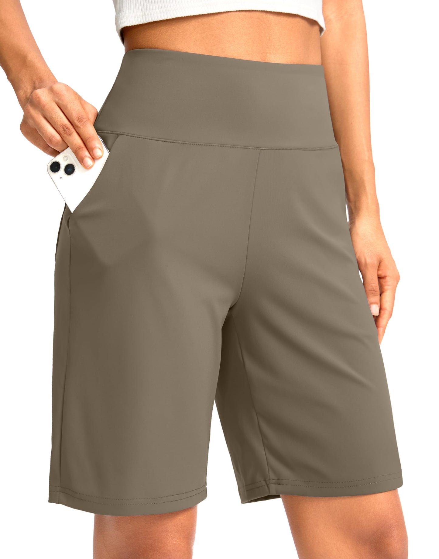 G Gradual Women's Bermuda Long Shorts with Pockets 9" High Waisted Knee Length Shorts for Women Walking Athletic Workout(Dark Khaki,XXL)