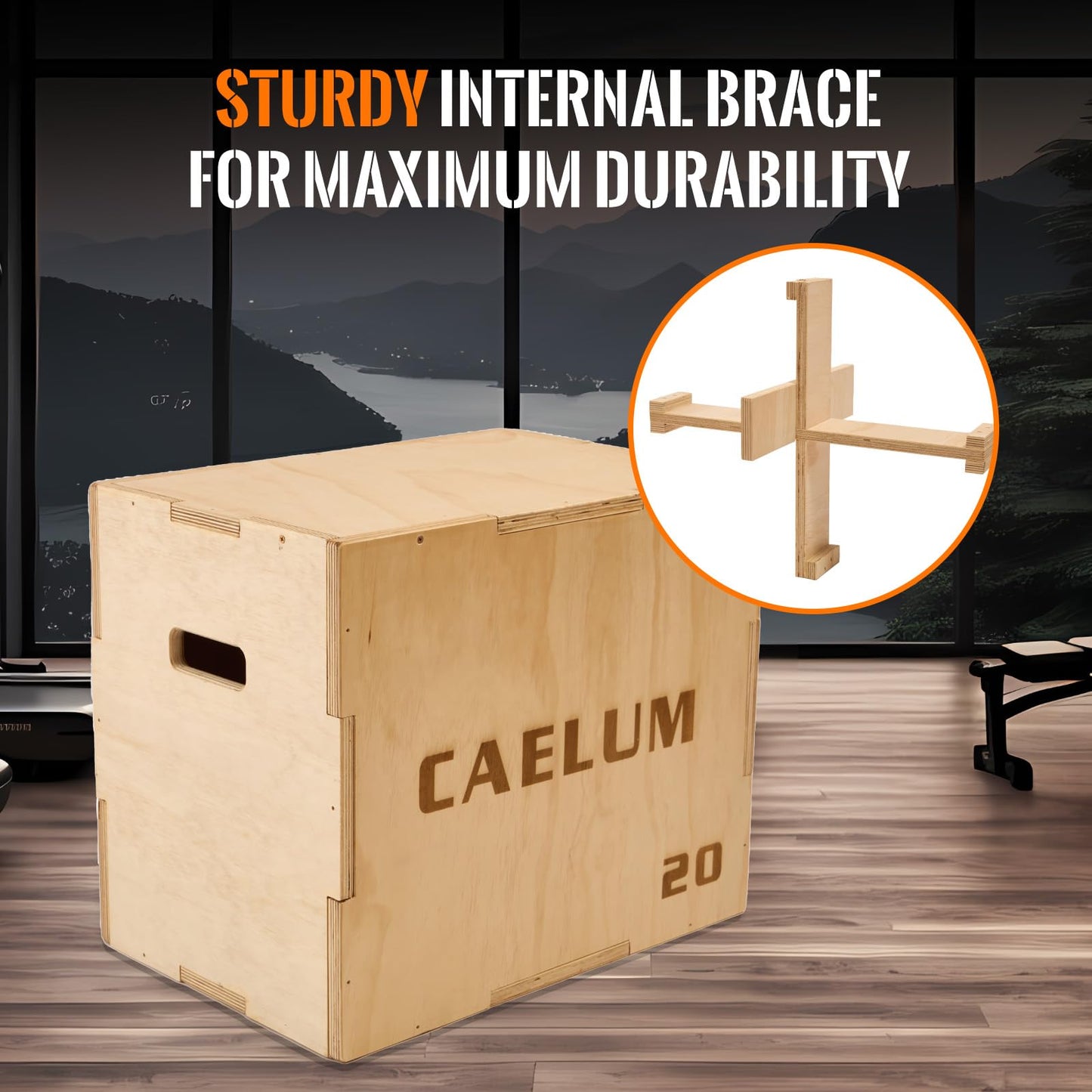 CAELUM 3-in-1 Wood Plyo Box - Non-Slip Plyometric Jump Box for Home & Gym, 400lbs Bearing Fitness Launch Box for Jumping Squats Step-ups Strength Training (‎16" x 14" x 12")