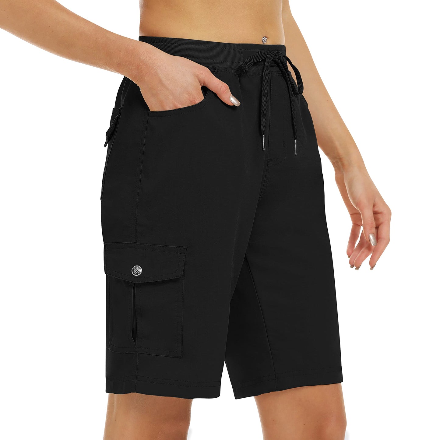 MoFiz Hiking Shorts for Women 10" Quick Dry Active Athletic Cargo Shorts Lightweight Summer Casual Running Shorts with Pockets Black XL