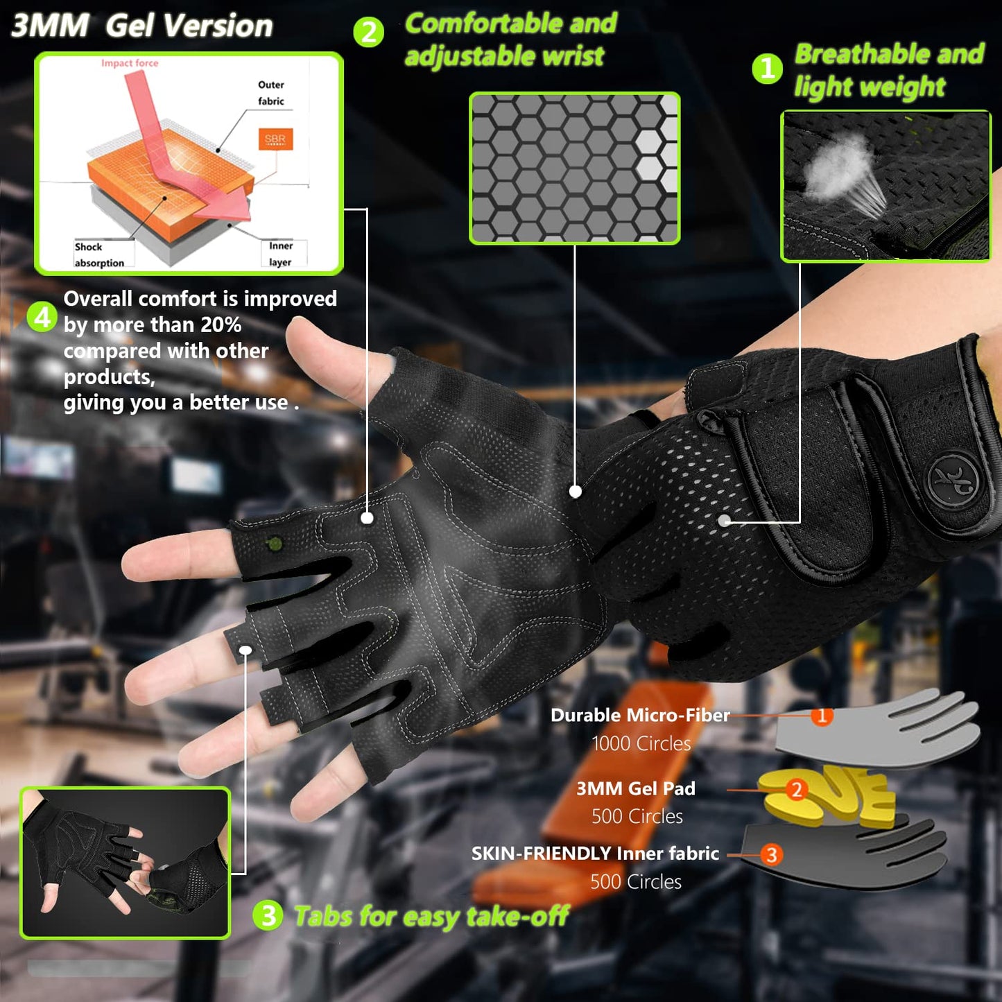 MOREOK Workout Gloves Padded Weight Lifting Gloves for Men/Women Black-XXL