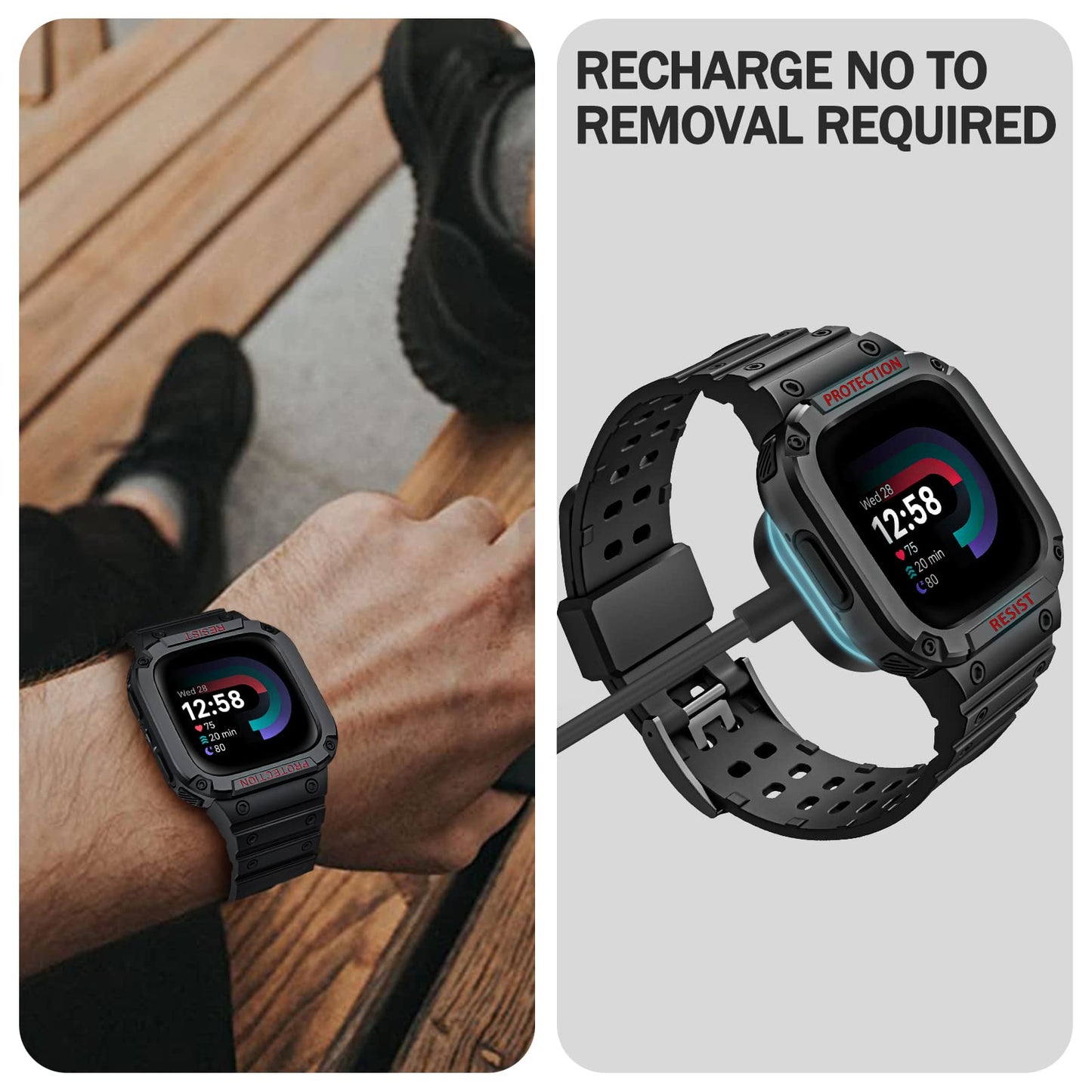 Fintie Bands with Case Compatible with Fitbit Versa 4/3/2/1/Versa Lite/Fitbit Sense 2/Sense, Protective Case Strap Rugged Sport Band Men, Black