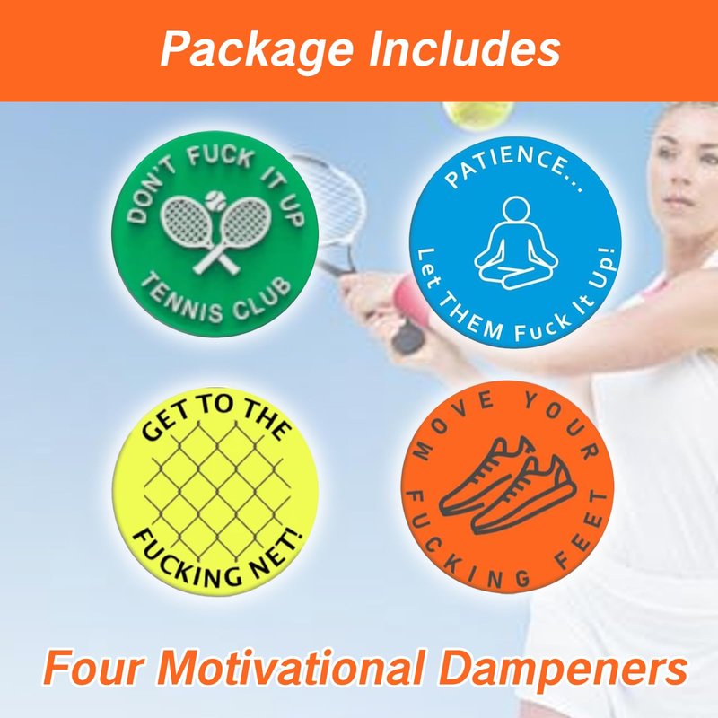 NIIIYTYB 4 Pcs Tennis Racquet Dampeners Funny Unique Silicone Dampener Tennis Dampers Racket Vibration Dampeners Fun Tennis Racket Dampers with Words Shock Absorbing Tennis Accessories