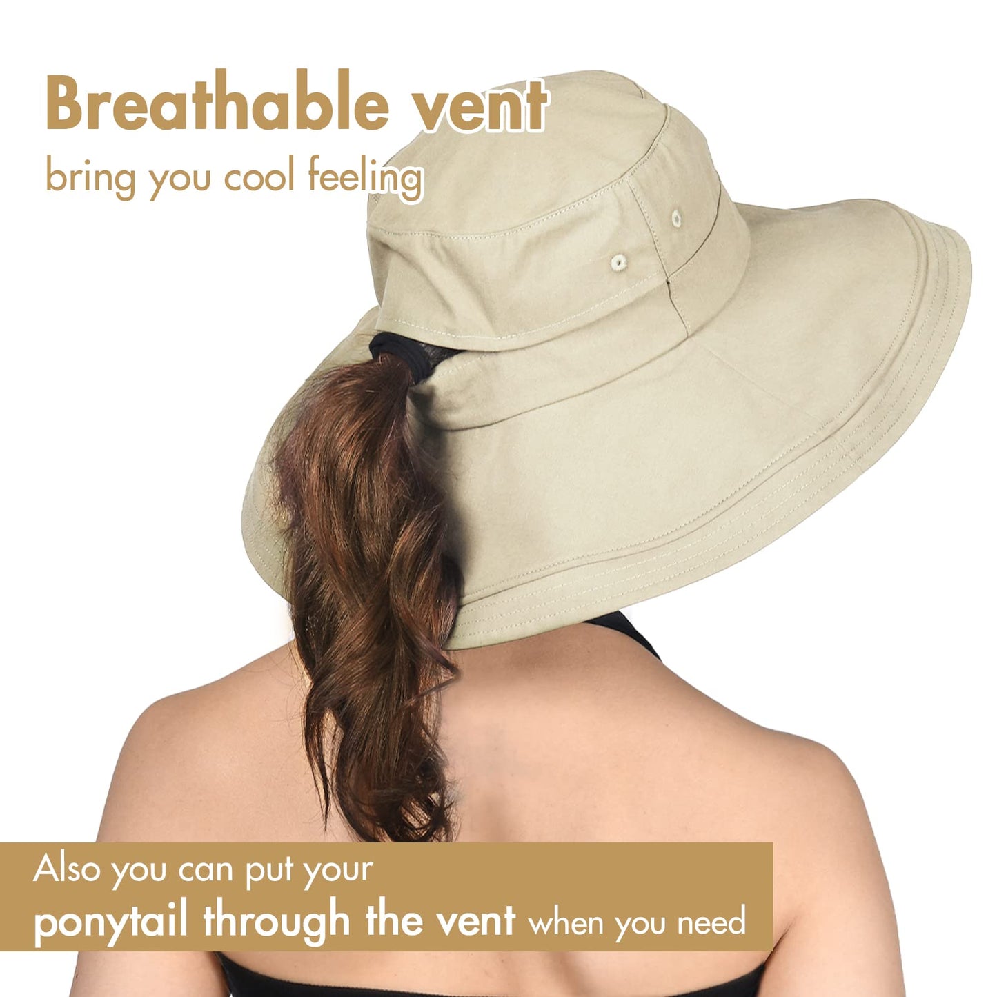 Hatiis Womens Sun Hat with Ponytail Hole Cotton Shapeable Wide Brim